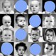 Pictures of babies in a grid layout. Some babies have their face obscured by a light-blue dot.