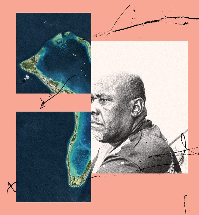 collage of the island of Diego Garcia and a resident on a pink background