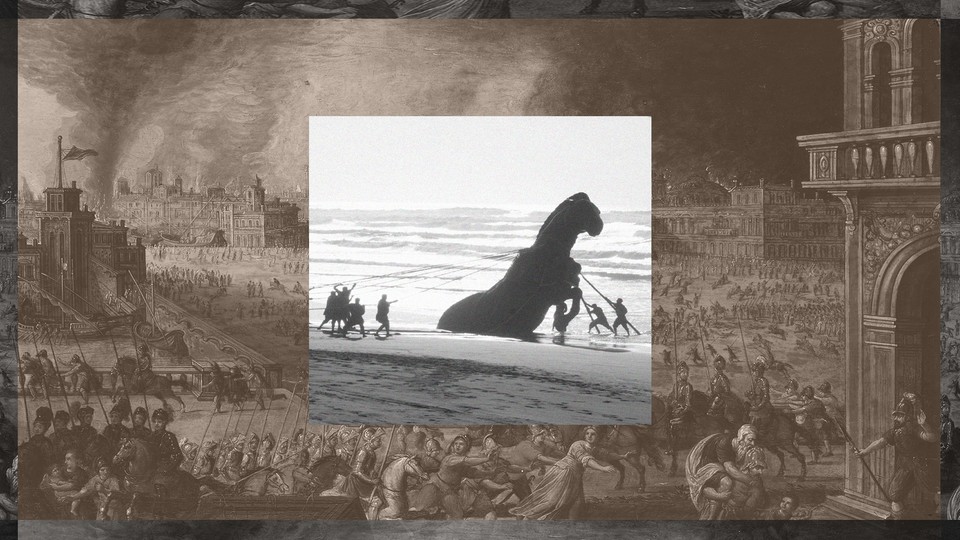 Black and white illustration of the Trojan Horse from Nolan's movie against an old painting of the sack of Troy