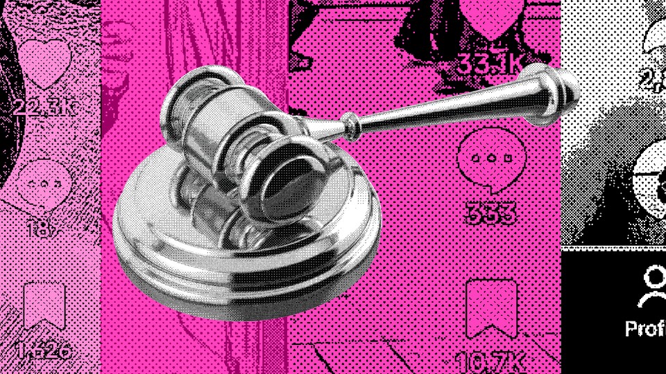 The illustration shows a legal hammer and a TikTok image.