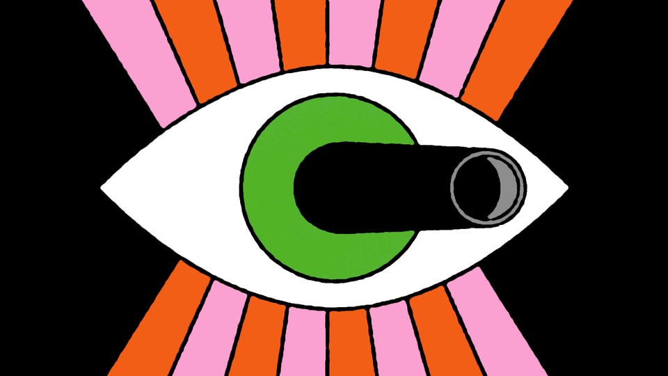 illustration of an eyeball with rays coming out and the barrel of a cannon poking out of the pupil