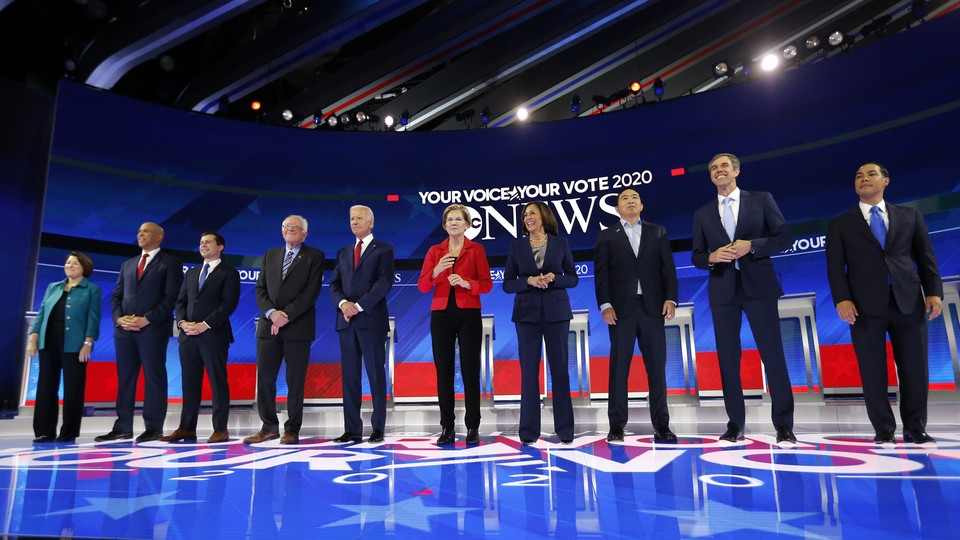 The 10 candidates who qualified for the third Democratic debate stand on stage.