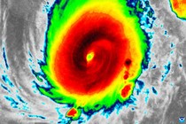 Satellite imagery provided by GOES-16 satellite shows Hurricane Otis making landfall near Acapulco, Mexico, as a Category 5 storm. It's bright red in the center.