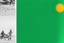 collage illustration with archive black and white photo of WWI soldiers running in front of military vehicles, green background and yellow circle