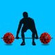 A man lifts a dumbbell bar with red coronaviruses where the dumbbells should be