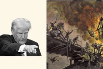 Trump pointing beside a painting of Jack Cade's rebellion