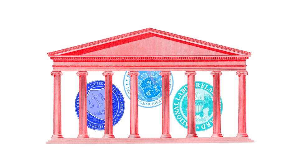 The Supreme Court building enclosing the seals of the seal of FTC, FCC, and NLRB agencies