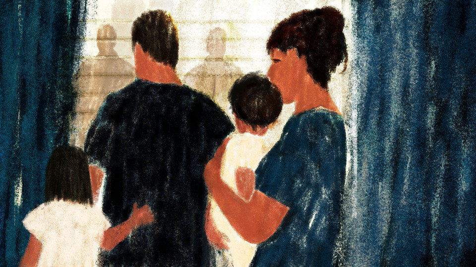 Illustration of a family peering out their window at shadowed, menacing figures