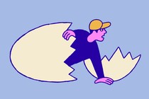 a cartoon drawing of a figure in a baseball cap crawling out of an egg shell