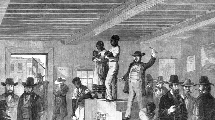 An engraving of a slave auction in Charleston, South Carolina