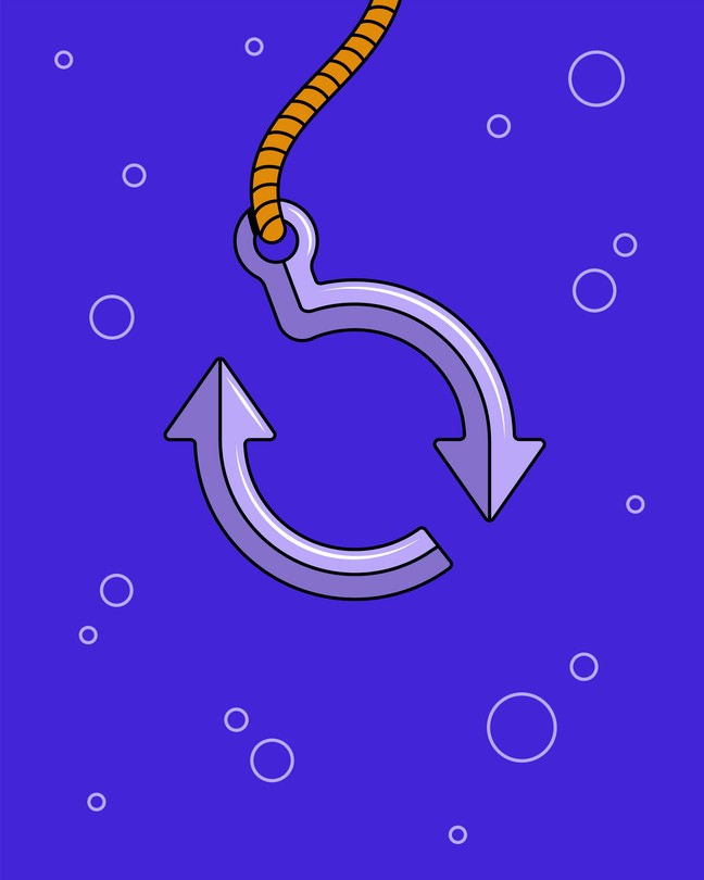 A cartoon illustration of a fishhook that is also a "Reload" icon