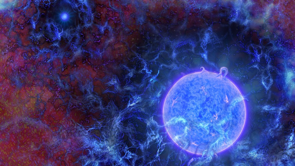 Artist's rendering of the first stars in the universe, orbs of blue light emanating outward in reddish space