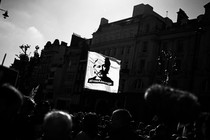 A "Free Assange" banner at a protest for Julian Assange