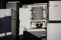 A collection of old refrigerators