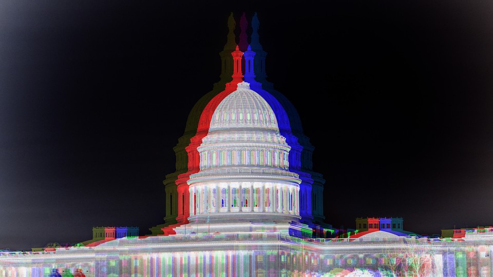 U.S. Capitol Building outlined in red, white, and blue