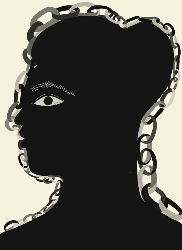 black-and-white illustration of woman's head in black silhouette profile with eye and eyebrow, the profile outlined by the links of a heavy chain