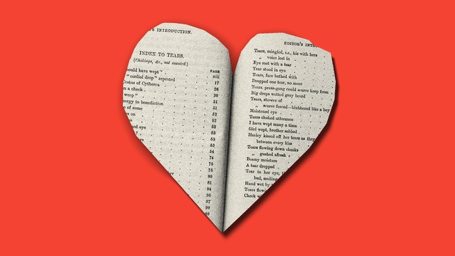 illustration of two pages of a book index, cut into the shape of a heart