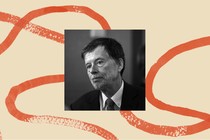 A black-and-white photo of the documentarian Ken Burns, bordered by an illustration