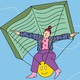 An illustration showing a woman using an open book as a parachute