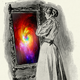 An illustration of a woman standing in front of a mirror with an image of the cosmos in it