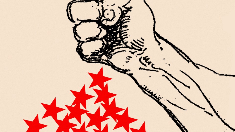 An illustration of a fist and red stars.