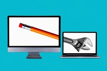 A collage image of two computers; the one on the left shows the eraser-end of a pencil, and the one on the right shows the head of a wrench