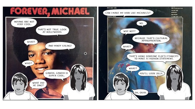 A conversation superimposed on images of Michael Jackson