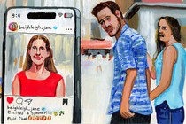 referencing the distracted boyfriend meme, a man looks back at a woman's Instagram profile, his girlfriend aghast