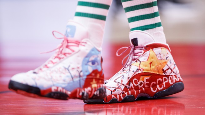 The shoes of Enes Kanter Freedom of the Boston Celtics are shown during the second half against the Toronto Raptors at Scotiabank Arena, in Toronto, Canada, on November 28, 2021.