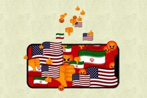 Illustration of the flags of the United States and Iran, and emojis