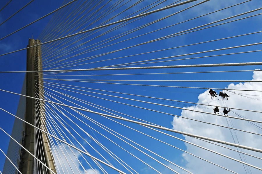 Four workers hang from ropes on support cables of a cable-stayed bridge.