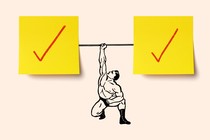 A powerlifter lifting a barbell whose weights are yellow Post-it notes that feature large red check marks