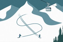 An illustration of skiers on a resort mountain