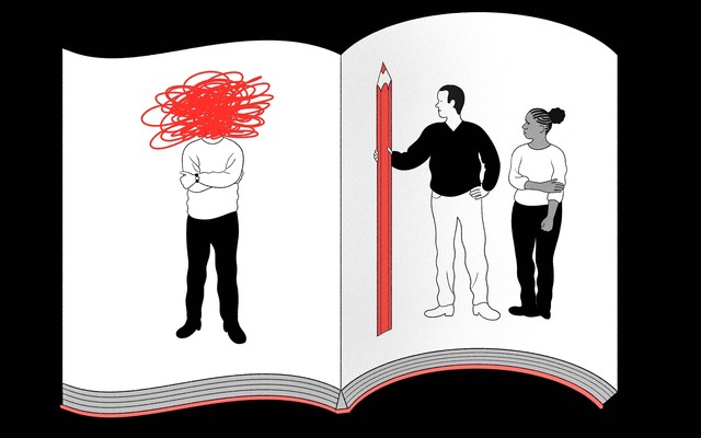 An illustration of a scrapbook: A man holding a giant red pencil stands next to a woman on one page. A man stands alone on the other page; his head is obscured by red scribbles.