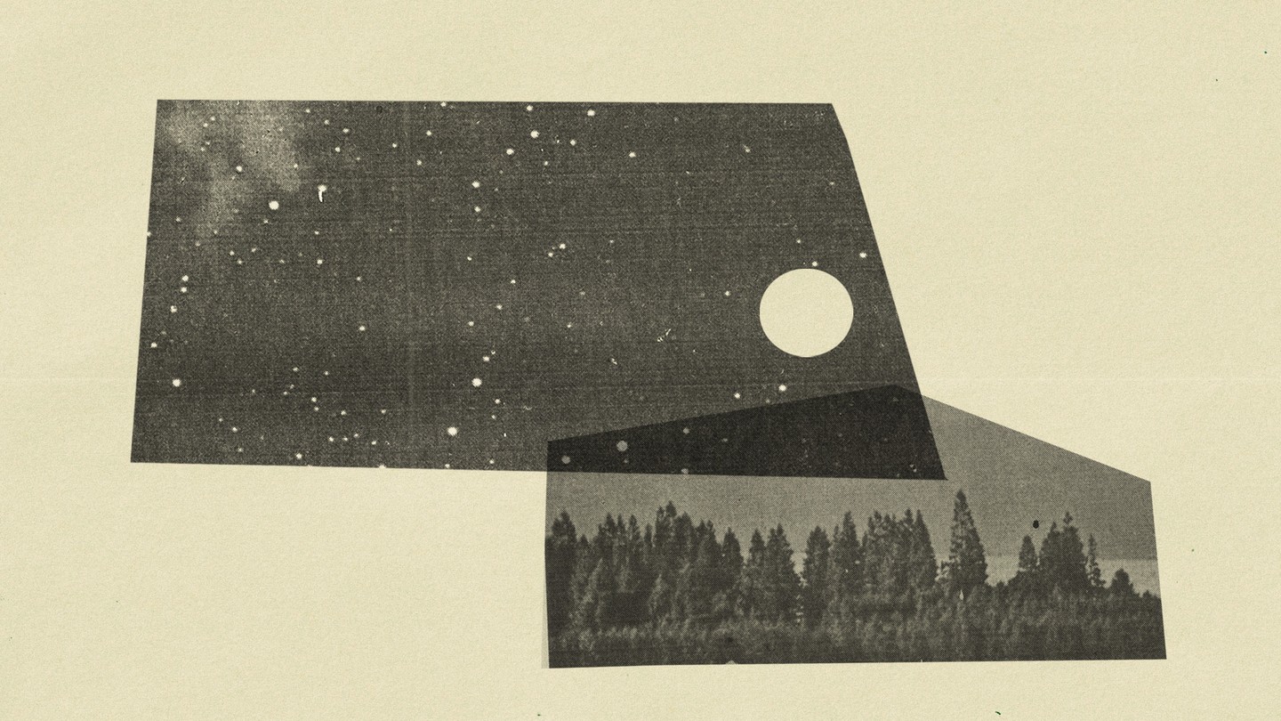 a collage of the moon and.a starry night pasted over a field of trees