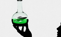 An illustration of a hand holding up glass flask with, with a tiny, saucer-shaped UFO floating in the water inside the container