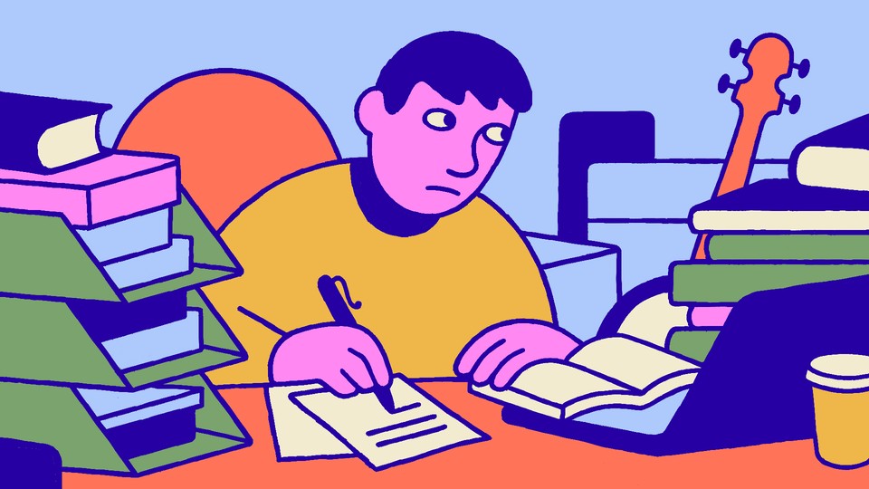 A man at work looking wistfully at his banjo