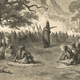 historical black-ink engraving of tribe assembled in seated circle under trees, with member standing in center speaking and gesturing with one arm