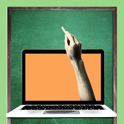 An illustration of a hand with a piece of chalk reaching out of a laptop