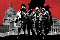 Five men in military gear standing in front of the Capitol building over a field of red