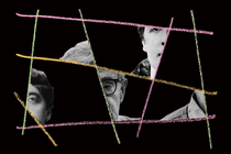 Illustration with pink, orange, and green chalk-like lines crossed over details of black-and-white images of Oscar Wilde and Woody Allen on a black background