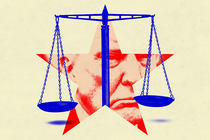 Scales of justice with an image of Trump behind them