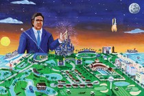 Painting of Ron DeSantis in blue suit rising over horizon between sun and moon, over landscape bordered by Gulf- and Atlantic-coast beaches, cruise ships, canals, alligators, the Daytona Speedway, Kennedy Space Center launching a rocket, Mar-a-Lago, and Disney World with fireworks