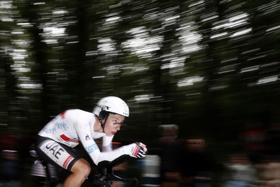 A cyclist rides past trees, the picture slightly blurry because of camera movement.