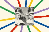 A starburst of colorful stripes including purple, yellow, green, red and blue extend out from the center where there is a black and white photo of two women getting their hair done at a salon.