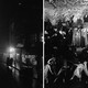 A split collage of a black-and-white photo of a Chicago street in the 1920s (left) and a black-and-white photo of a drag ball in Harlem in the 1920s (right)