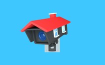 An illustration of a security camera; the camera itself is fashioned to look like a house