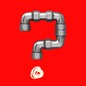 A graphic of a question mark (?) made up of metal pipes and a hand-painted dot, on a bright-red backdrop