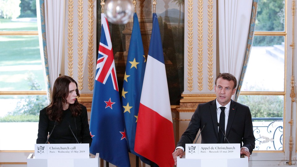 French President Emmanuel Macron and New Zealand Prime Minister Jacinda Ardern hold a news conference during the Christchurch Call meeting on May 15, 2019.