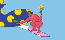 illustrated man reading and spinning ball while surfing